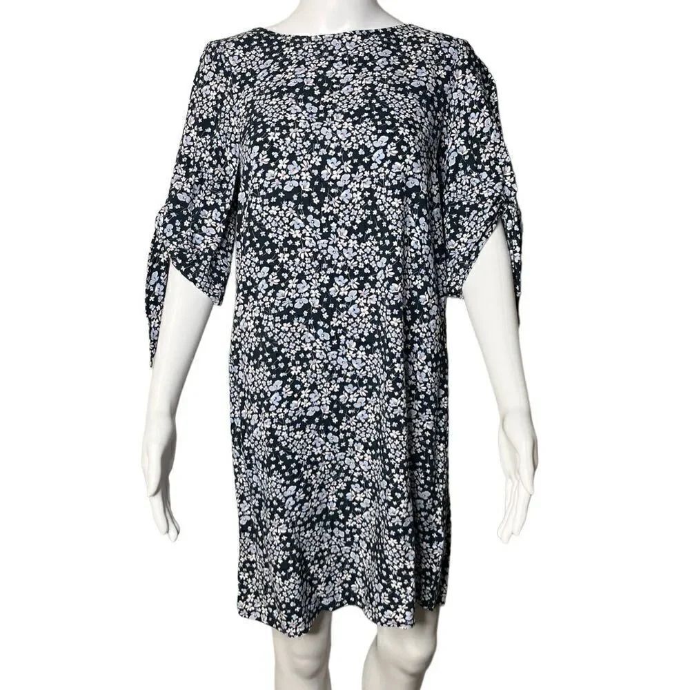 H&M Floral 3/4 Open Sleeve Mini Dress Dark & Light Blue Size 4